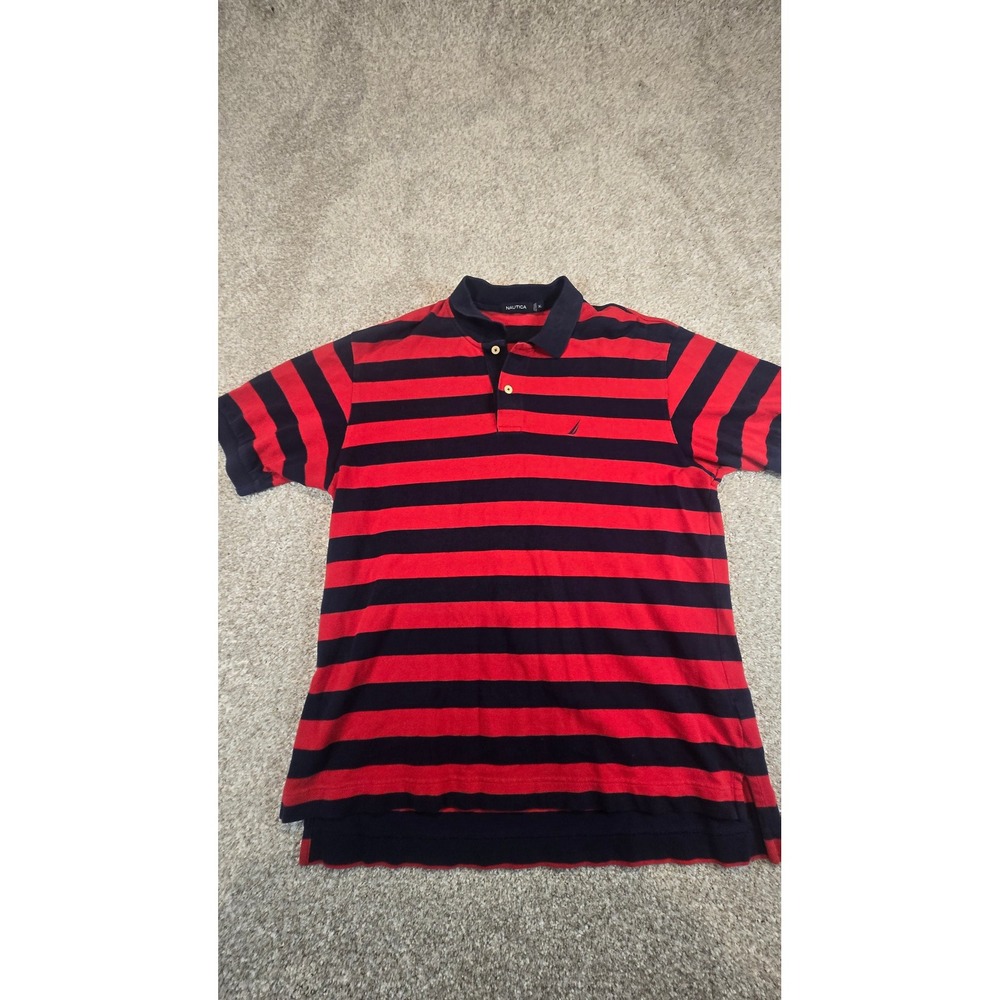 Nautica Mens XL Red Navy Blue Striped Short Sleeve Cotton Pique Polo Shirt